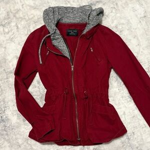 Love Tree Red Drawstring-Waist Utility Jacket with Gray Hood